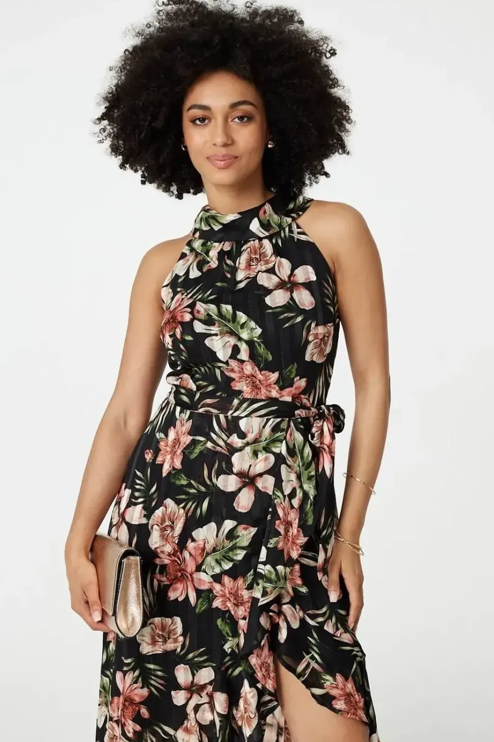 Floral Asymmetric Halter Neck Midi Dress
