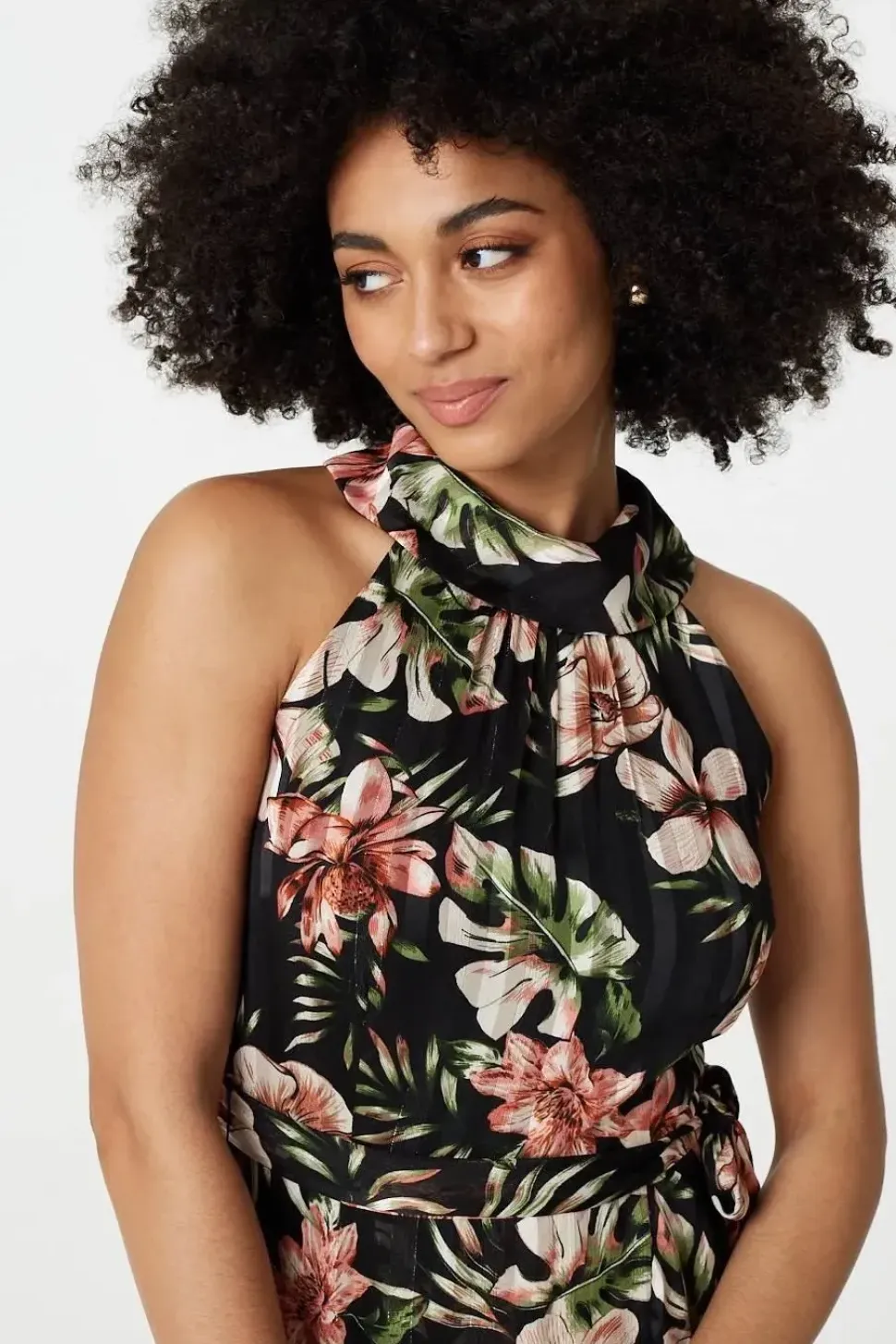 Floral Asymmetric Halter Neck Midi Dress