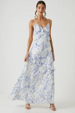 Floral Asymmetric Ruffle Chiffon Maxi Bridesmaids Dress