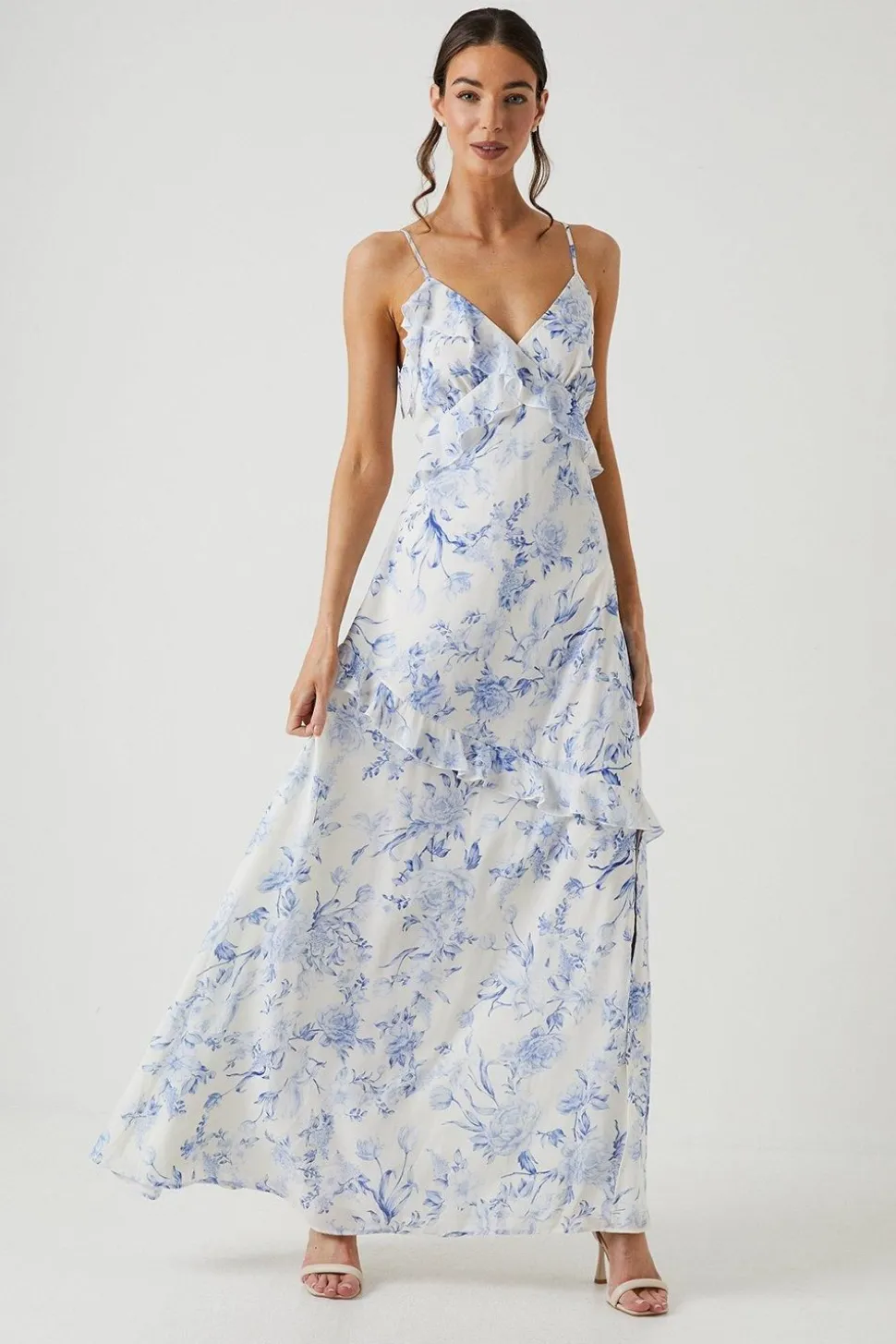 Floral Asymmetric Ruffle Chiffon Maxi Bridesmaids Dress