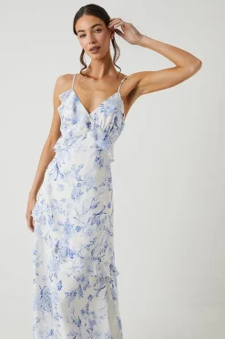 Floral Asymmetric Ruffle Chiffon Maxi Bridesmaids Dress
