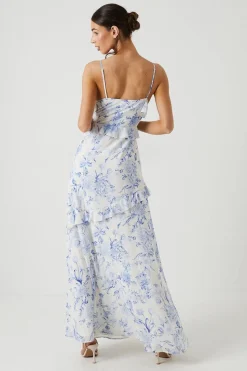 Floral Asymmetric Ruffle Chiffon Maxi Bridesmaids Dress
