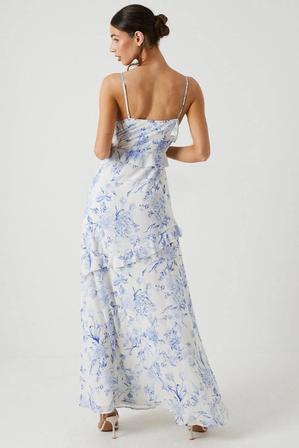 Floral Asymmetric Ruffle Chiffon Maxi Bridesmaids Dress