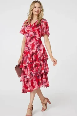 Floral Asymmetric Ruffled Midi Dress