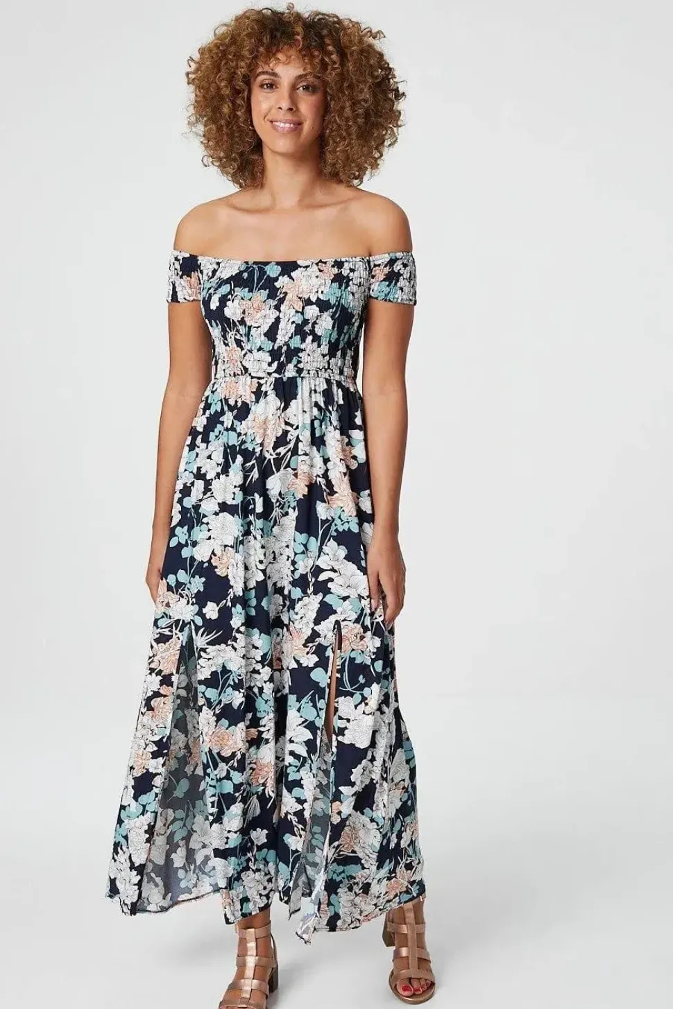 Floral Bardot Shirred Maxi Dress