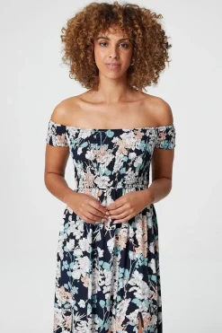 Floral Bardot Shirred Maxi Dress