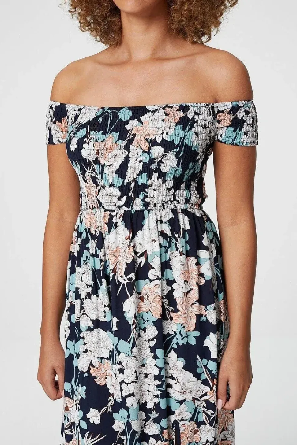 Floral Bardot Shirred Maxi Dress