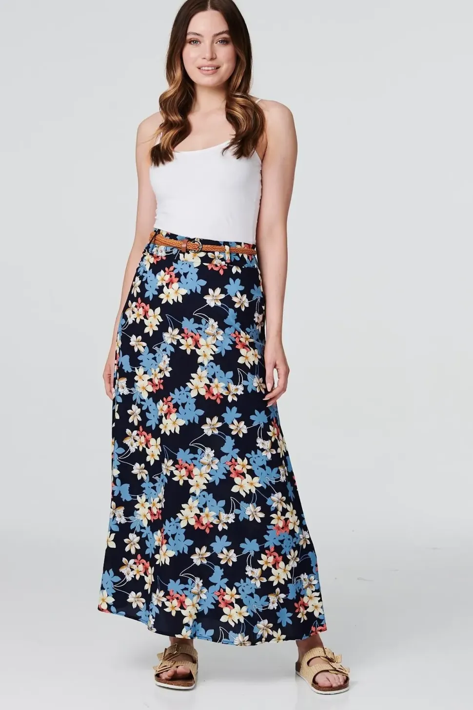 Floral Belted A-Line Maxi Skirt