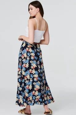 Floral Belted A-Line Maxi Skirt