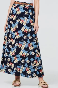 Floral Belted A-Line Maxi Skirt