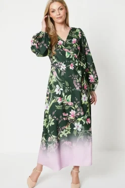 Floral Border Print Wrap Midi Dress