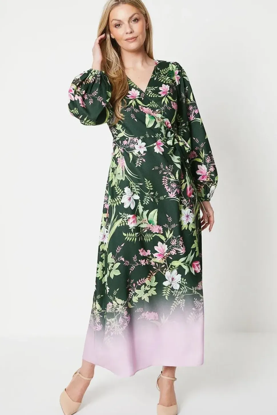 Floral Border Print Wrap Midi Dress