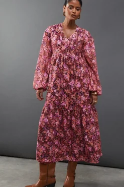 Floral Burnout Chiffon Wrap Smock Midi Dress