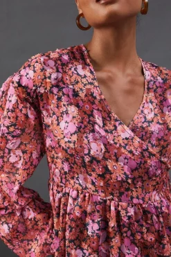 Floral Burnout Chiffon Wrap Smock Midi Dress