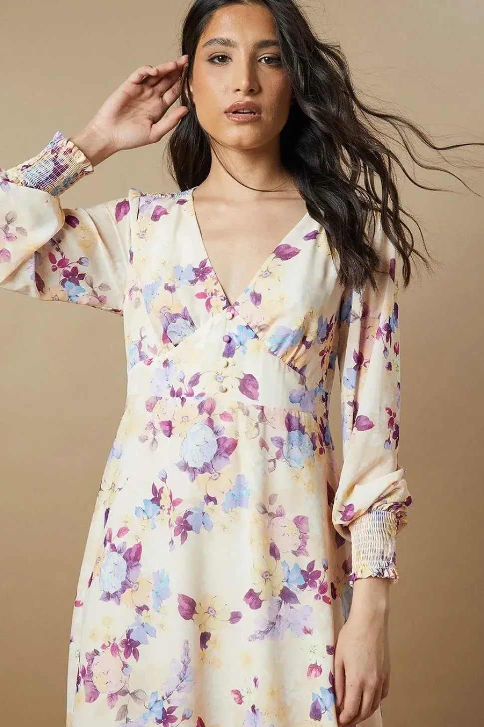 Floral Button Long Sleeve Midi Dress