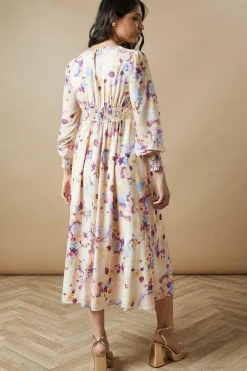 Floral Button Long Sleeve Midi Dress