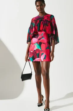 Floral Cape Ruffle Mini Dress