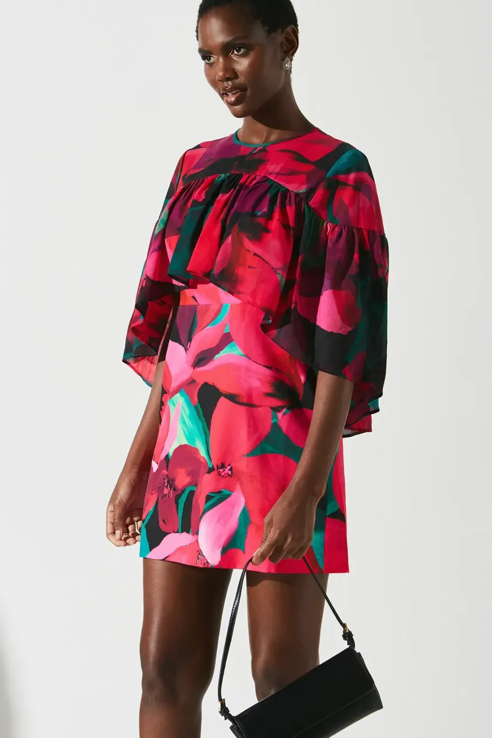 Floral Cape Ruffle Mini Dress