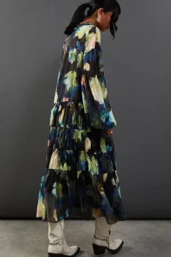 Floral Chiffon Button Tier Smock Midi Dress