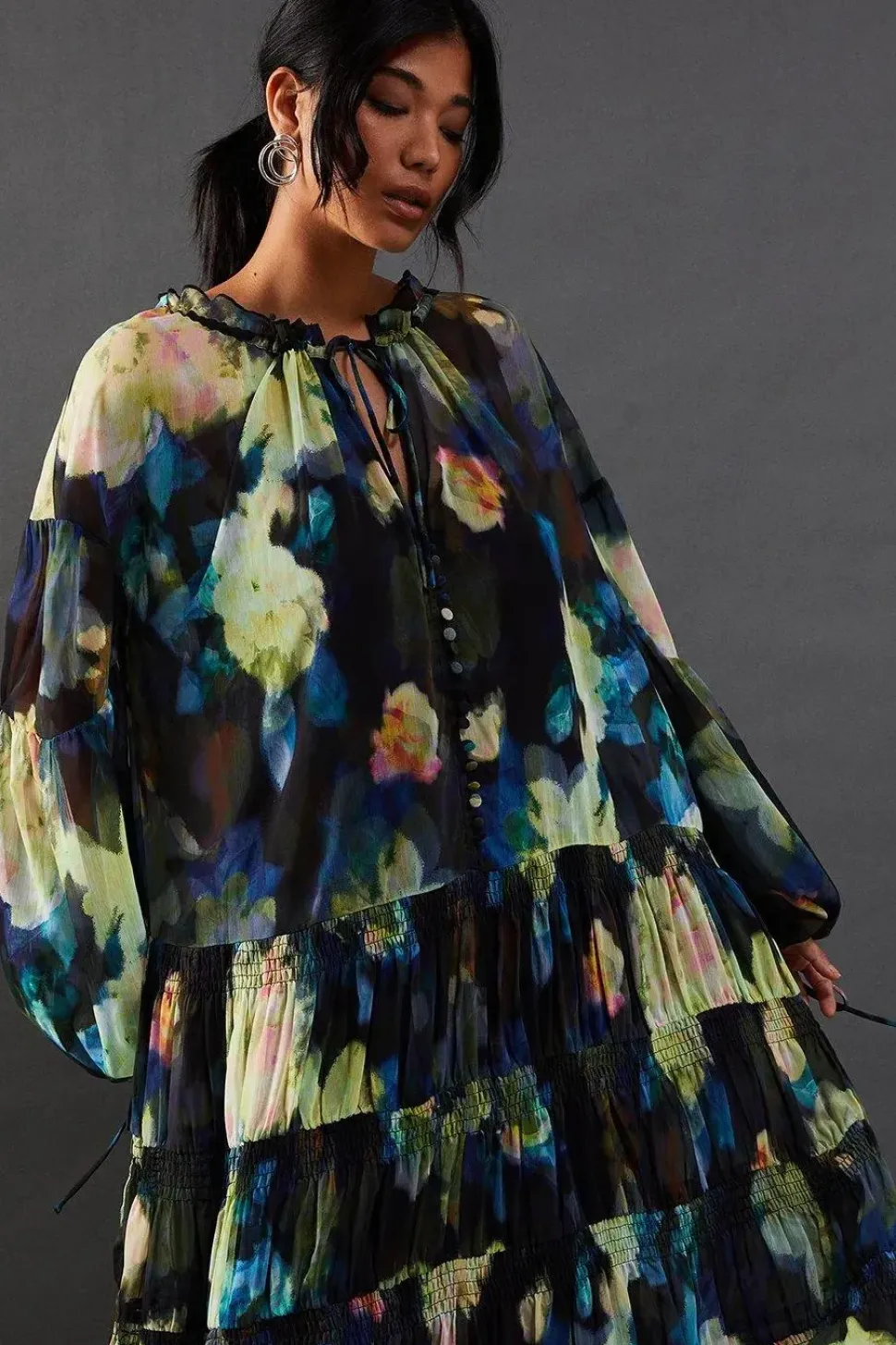 Floral Chiffon Button Tier Smock Midi Dress