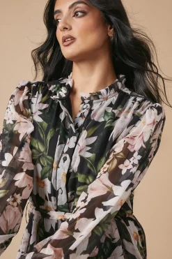 Floral Chiffon Contrast Detail Belted Mini Dress
