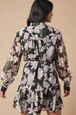 Floral Chiffon Contrast Detail Belted Mini Dress