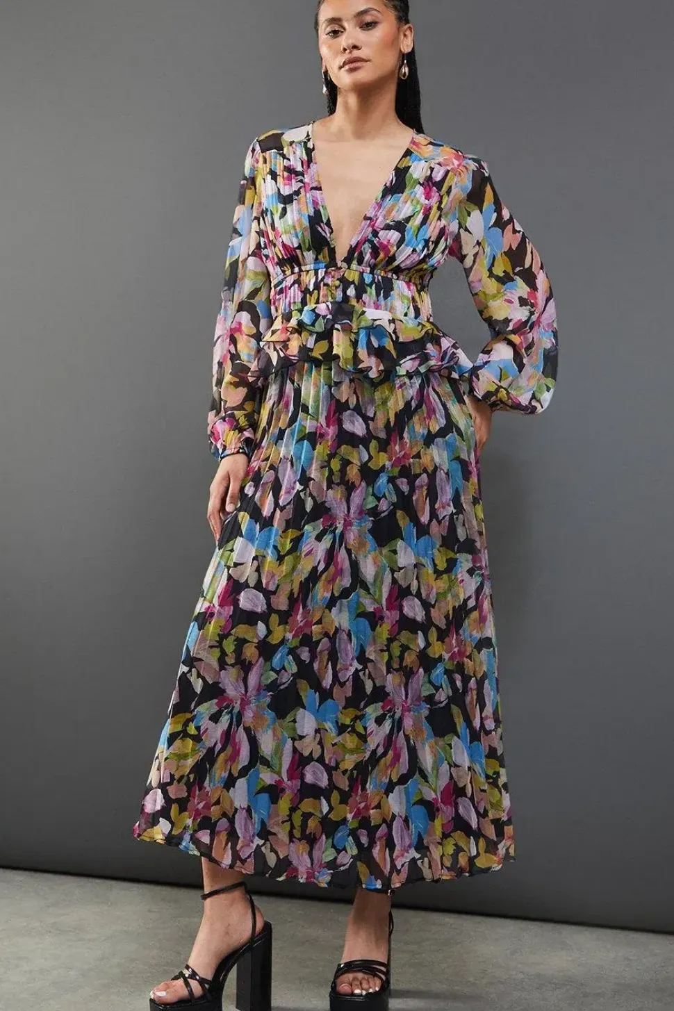 Floral Chiffon Frill Waist Pleated Midaxi Dress