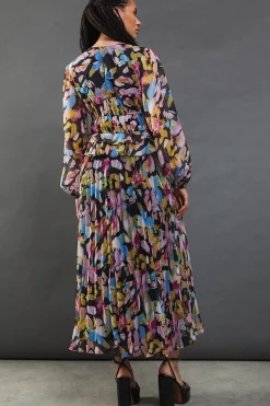 Floral Chiffon Frill Waist Pleated Midaxi Dress