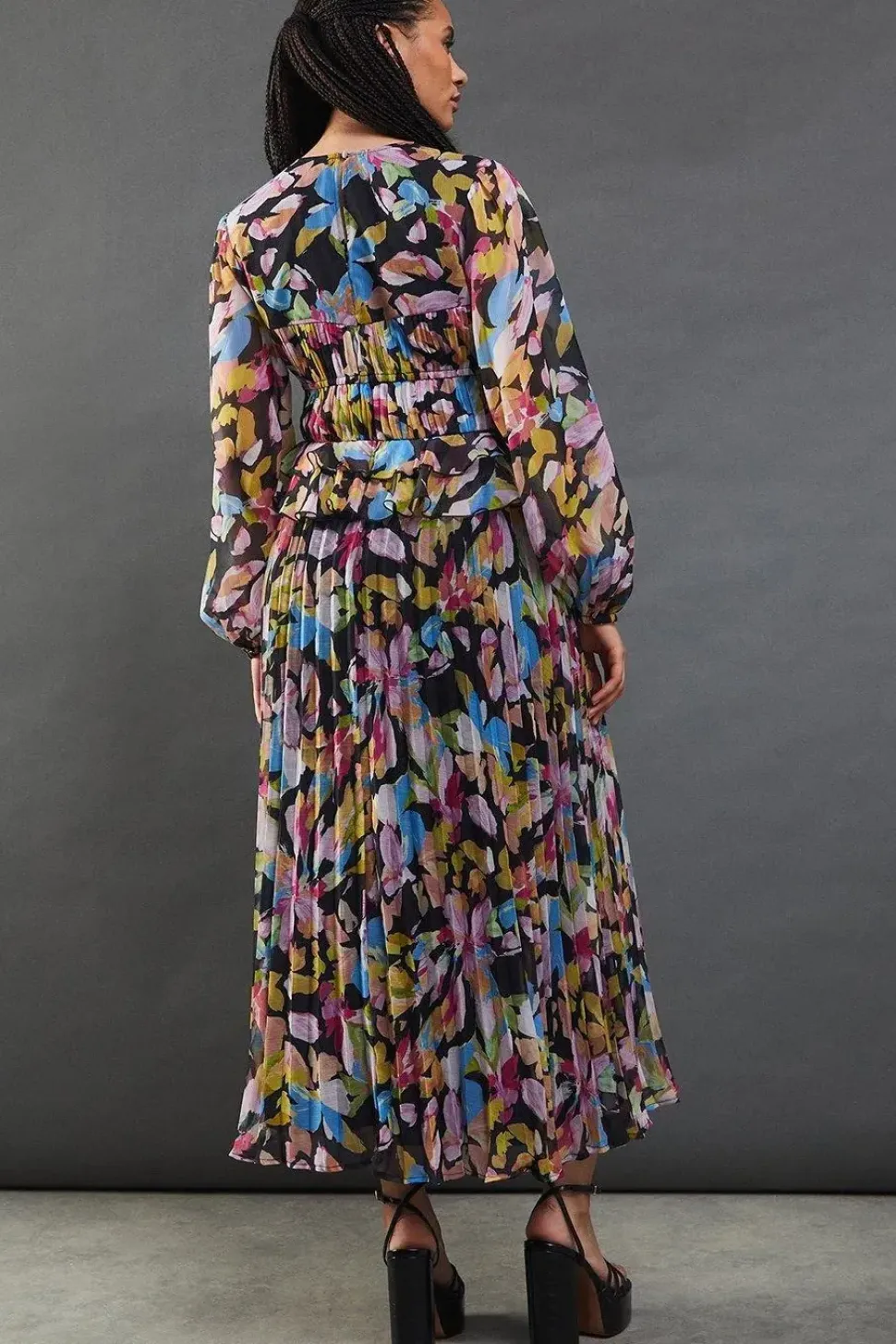 Floral Chiffon Frill Waist Pleated Midaxi Dress