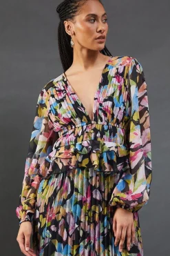 Floral Chiffon Frill Waist Pleated Midaxi Dress