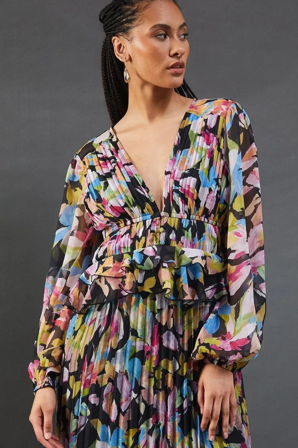 Floral Chiffon Frill Waist Pleated Midaxi Dress