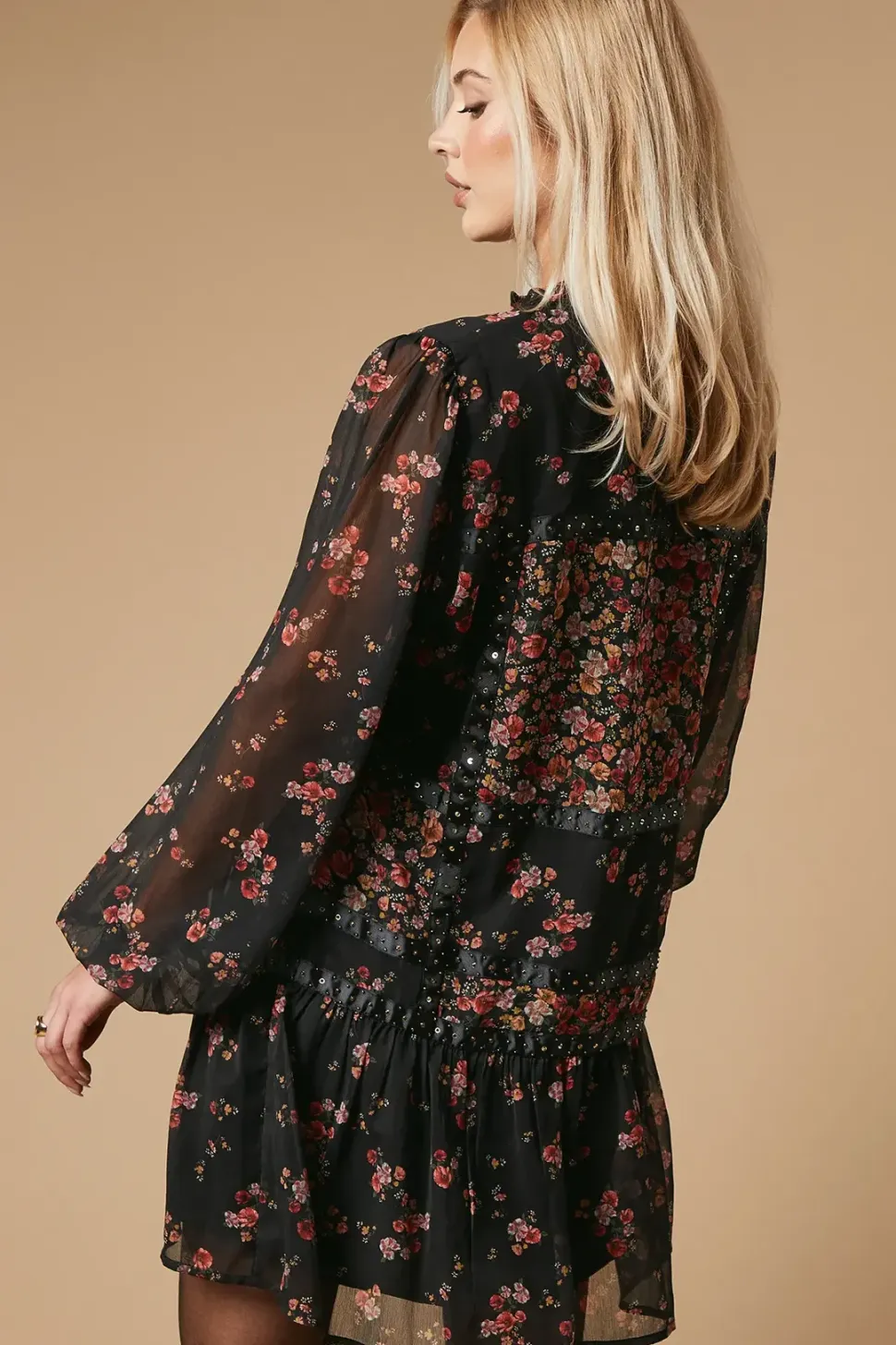 Floral Chiffon Hand Embellished Trim Mini Dress