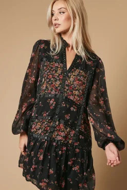 Floral Chiffon Hand Embellished Trim Mini Dress