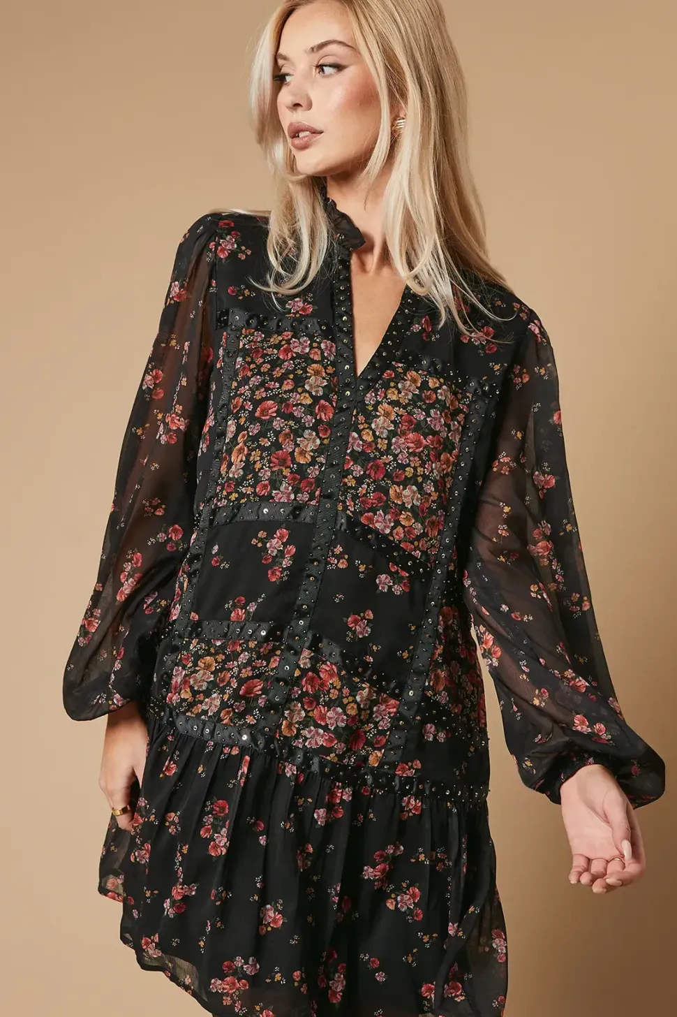 Floral Chiffon Hand Embellished Trim Mini Dress