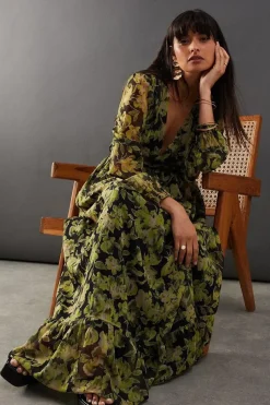 Floral Chiffon Plunge Neck Balloon Sleeve Maxi Dress
