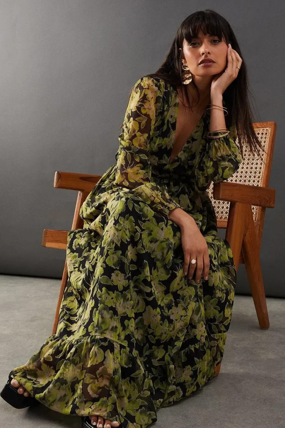 Floral Chiffon Plunge Neck Balloon Sleeve Maxi Dress