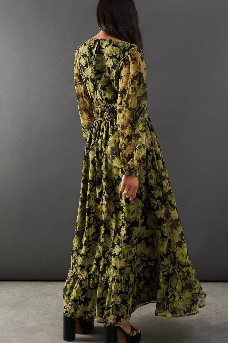 Floral Chiffon Plunge Neck Balloon Sleeve Maxi Dress