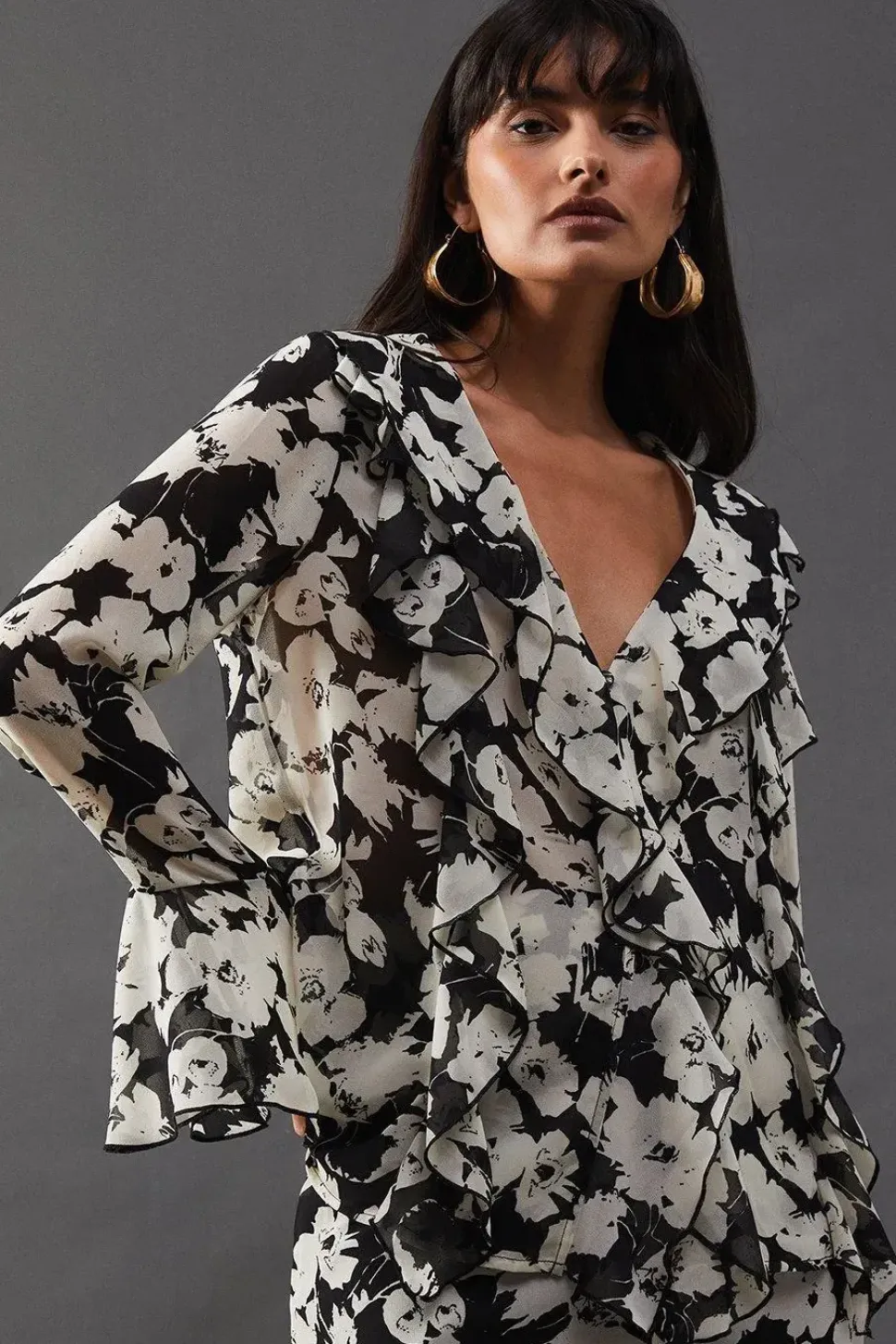Floral Chiffon Ruffle Front Blouse
