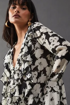 Floral Chiffon Ruffle Front Blouse