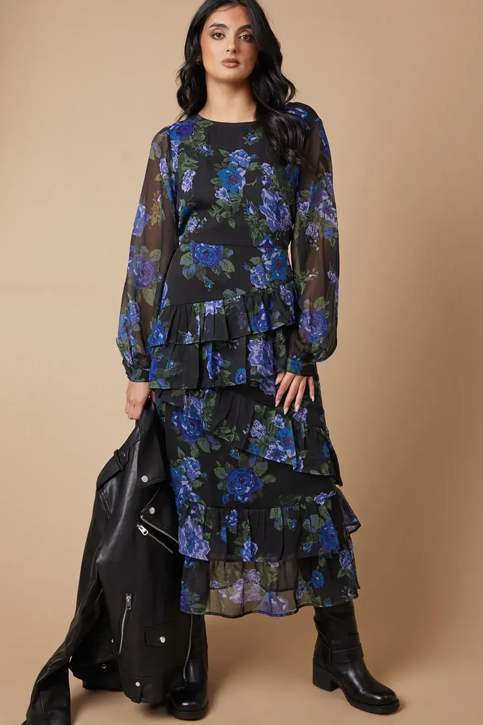 Floral Chiffon Ruffle Tiered Midi Dress