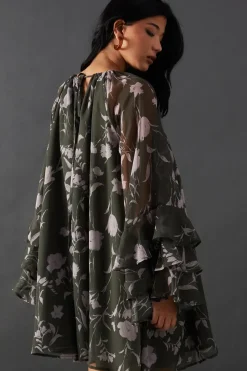 Floral Chiffon Ruffle Volume Sleeve Mini Smock Dress