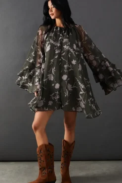 Floral Chiffon Ruffle Volume Sleeve Mini Smock Dress