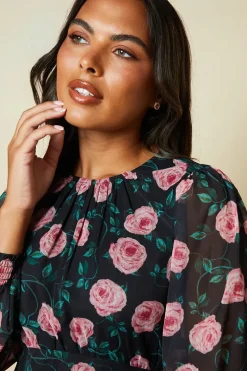 Floral Chiffon Shirred Cuff Midi Dress