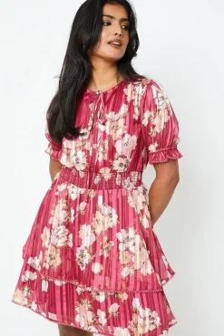 Floral Chiffon Shirred Waist Mini Dress