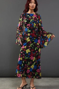Floral Chiffon Slash Neck Cross Back Godet Sleeve Midi Dress