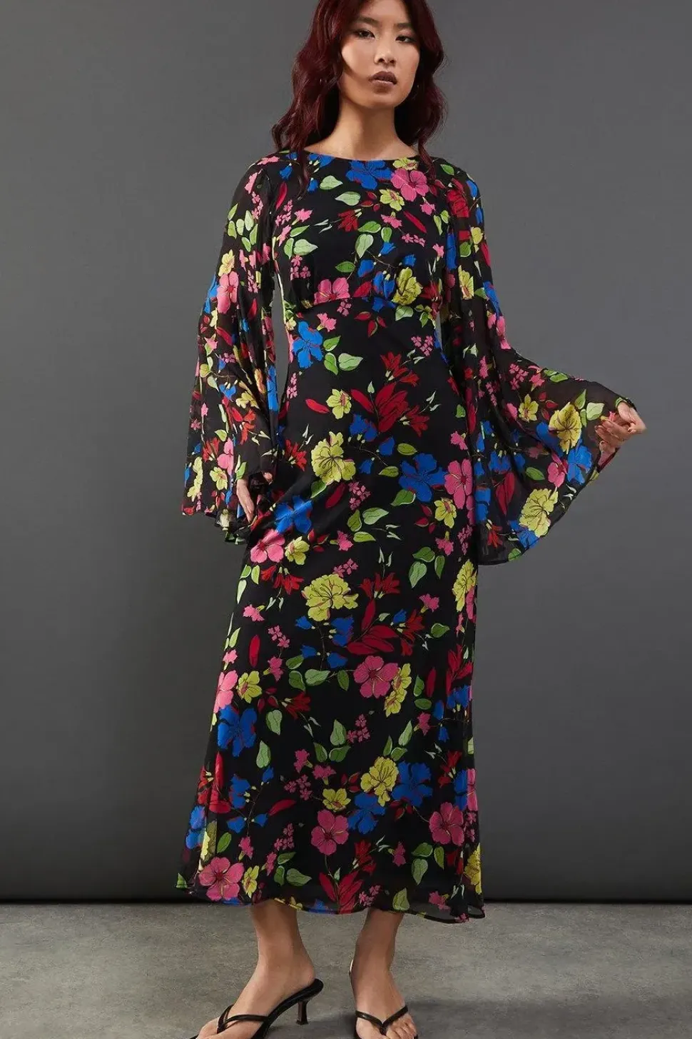 Floral Chiffon Slash Neck Cross Back Godet Sleeve Midi Dress