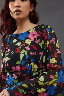 Floral Chiffon Slash Neck Cross Back Godet Sleeve Midi Dress