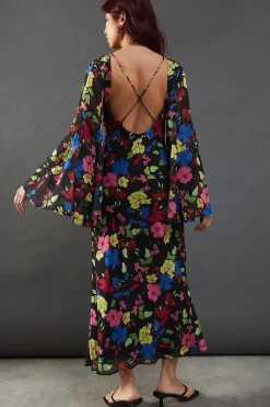 Floral Chiffon Slash Neck Cross Back Godet Sleeve Midi Dress