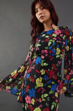 Floral Chiffon Slash Neck Cross Back Godet Sleeve Midi Dress
