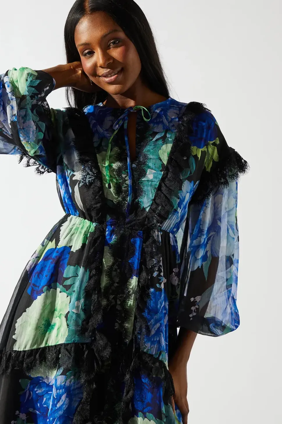 Floral Chiffon Tie Neck Lace Trim Dress